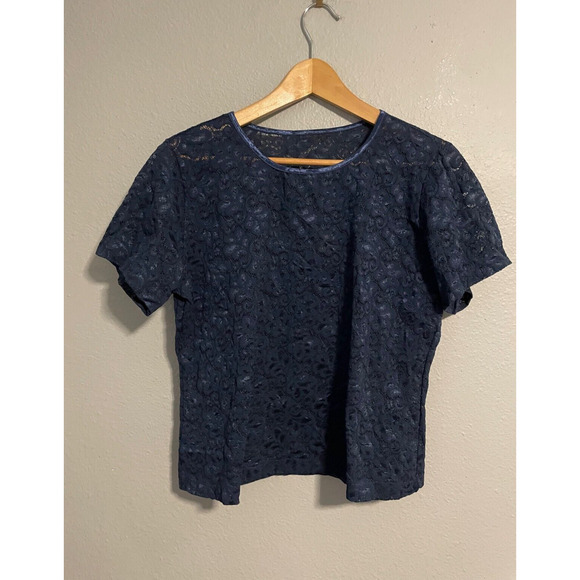 Vintage Womens Top Large Navy Floral Lace Mesh Semi Sheer Romantic Fairy 90s - Picture 1 of 8